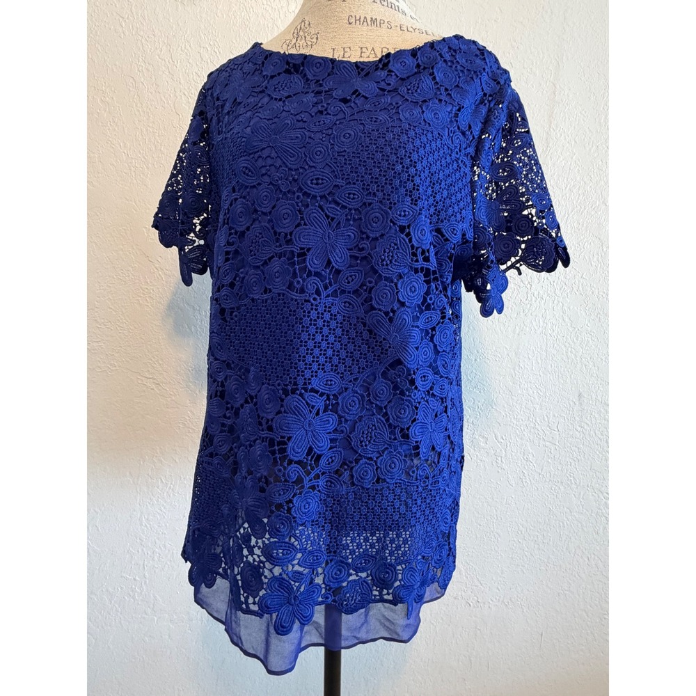 Charter Club Womens XL Royal Blue Floral Guipure Lace Short Sleeve Blouse Top